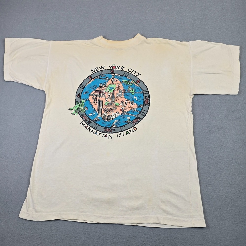 Vintage NYC Manhattan Island Tourist Map Graphic T-Shirt Large White USA